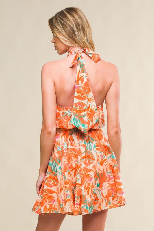 Printed woven mini dress featuring halter neckline