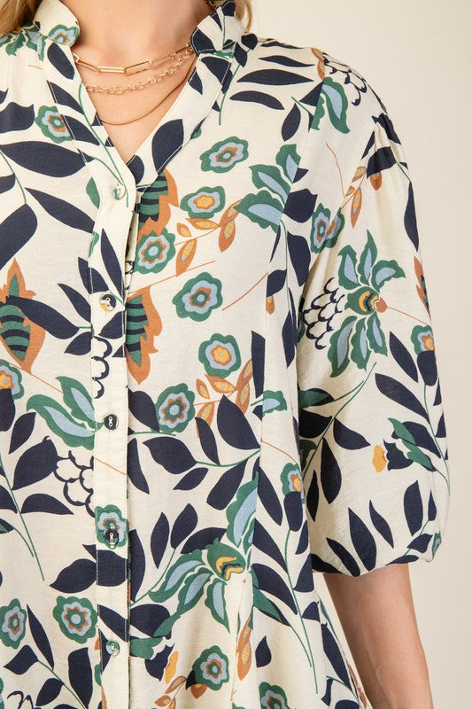 Floral Printed 3/4 Sleeve Shirt Dress