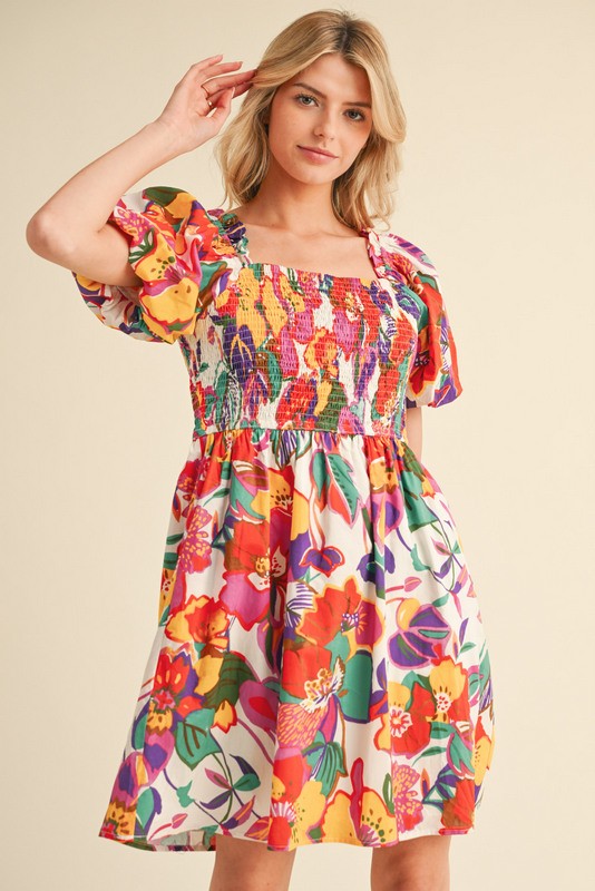 Floral Print Smocked Dress