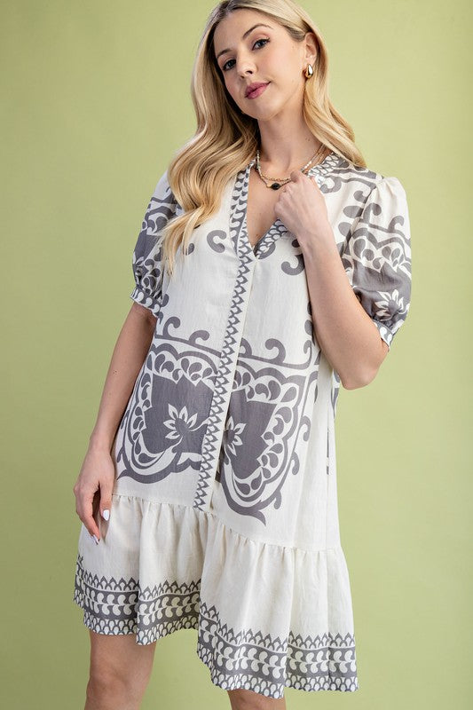 Printed V neck mini dress