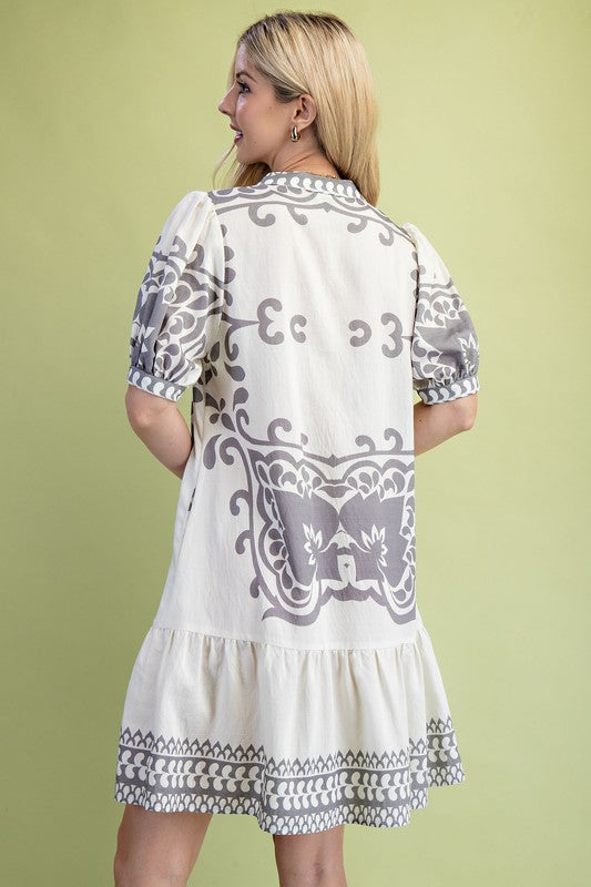 Printed V neck mini dress
