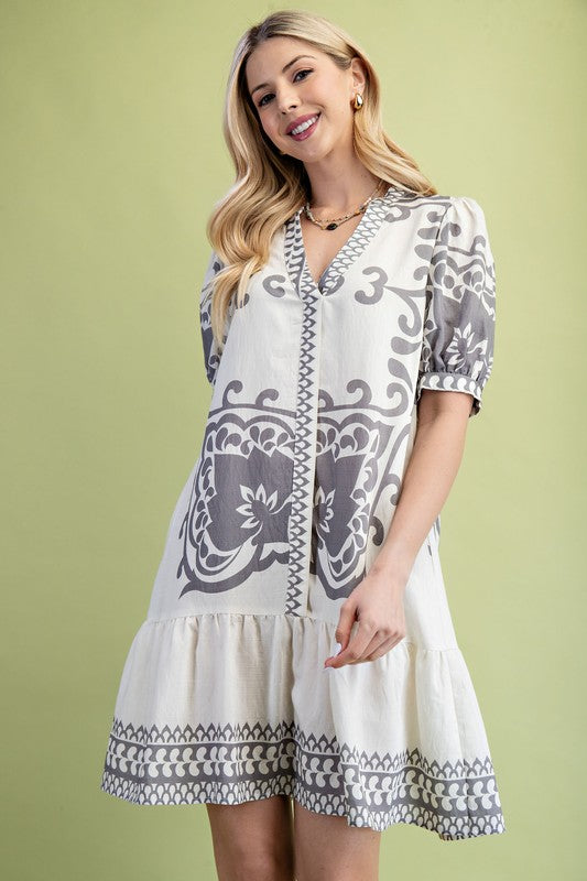 Printed V neck mini dress