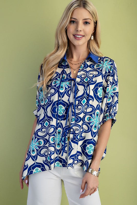 Printed Elastic Dolman Sleeve Top