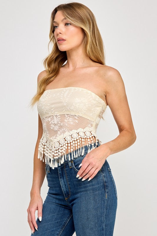 Lace Tube Top - Strapless Crochet Fringe Bandeau