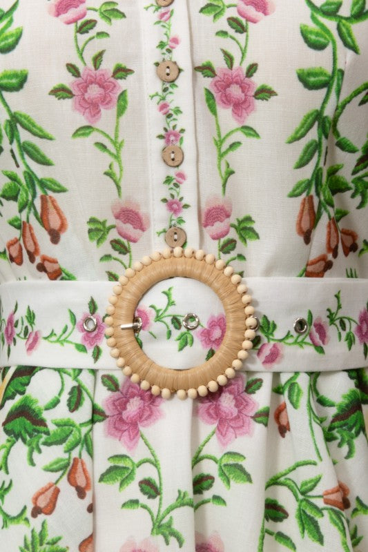 Linen Floral Mini Flare Dress