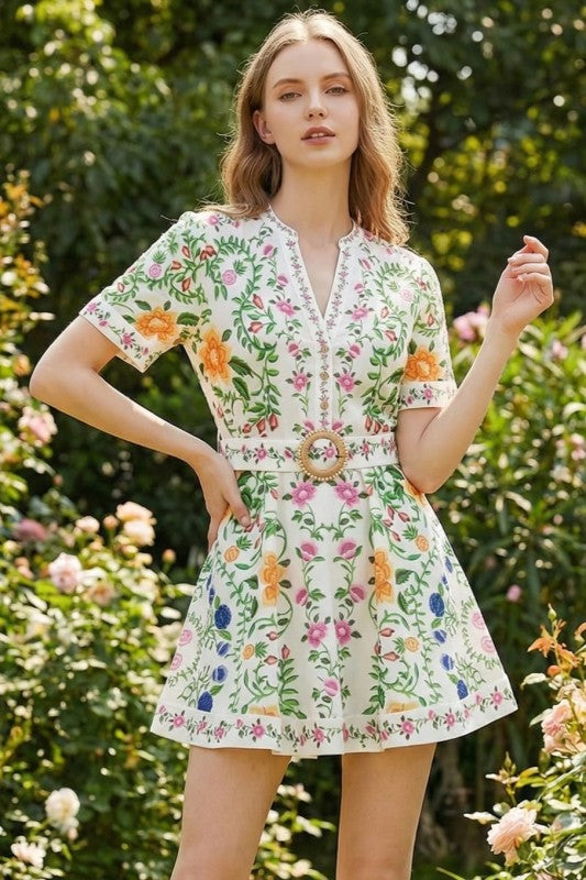 Linen Floral Mini Flare Dress