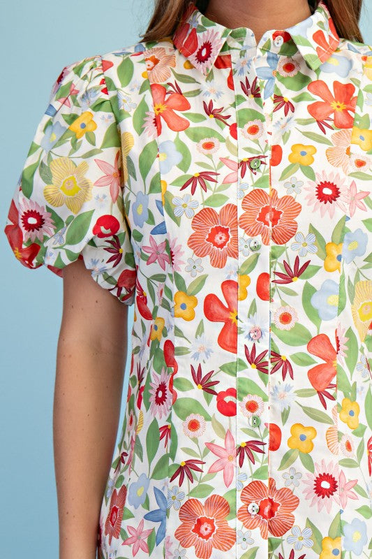 Floral Print Pleated Midi Shirt Dress