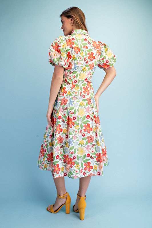 Floral Print Pleated Midi Shirt Dress