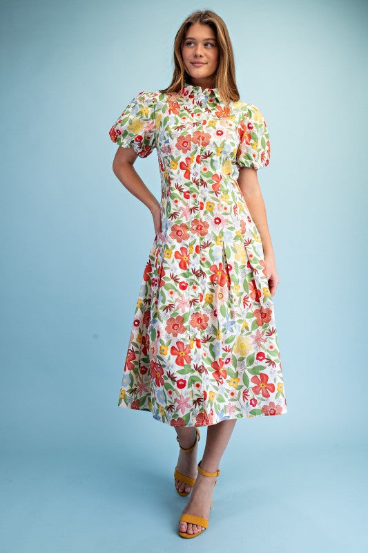 Floral Print Pleated Midi Shirt Dress