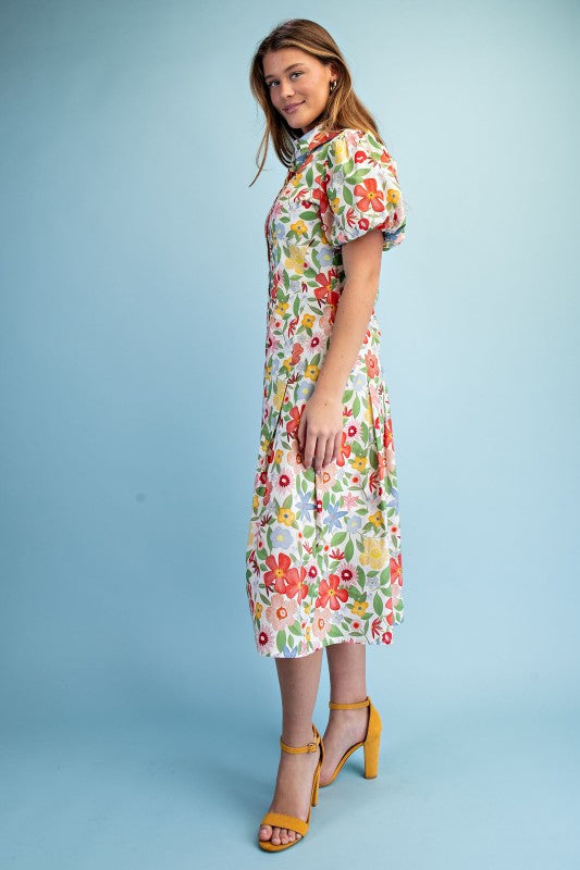 Floral Print Pleated Midi Shirt Dress