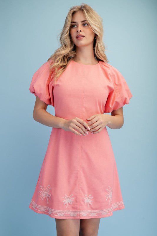 Embroidered Linen Mini Dress coral