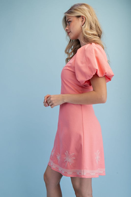 Embroidered Linen Mini Dress coral