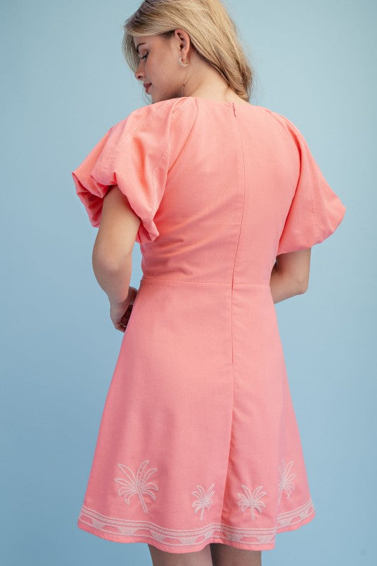 Embroidered Linen Mini Dress coral
