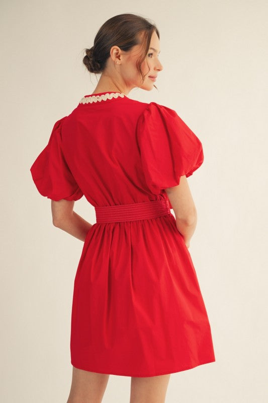 3D Trim Accent Waist Tie Dress