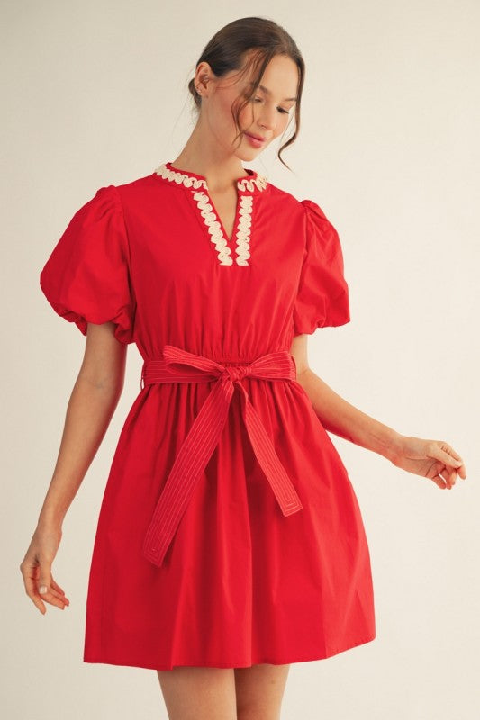 3D Trim Accent Waist Tie Dress